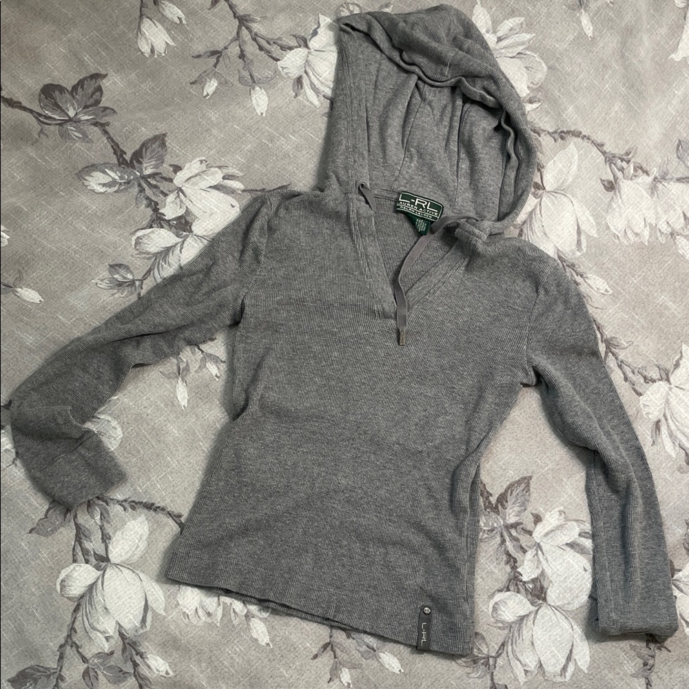 Lauren Active Ralph Lauren Stylish Gray  waffle knit V-Neck Hooded Sweater XS